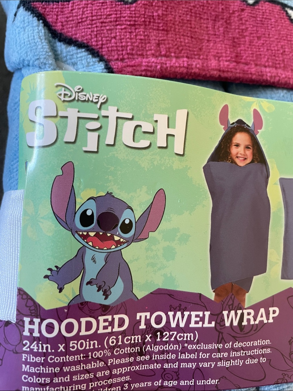 Disney Stitch Hooded Towel Wrap - Light Blue with Dark Blue and Pink Mouth - Picture 3 of 3